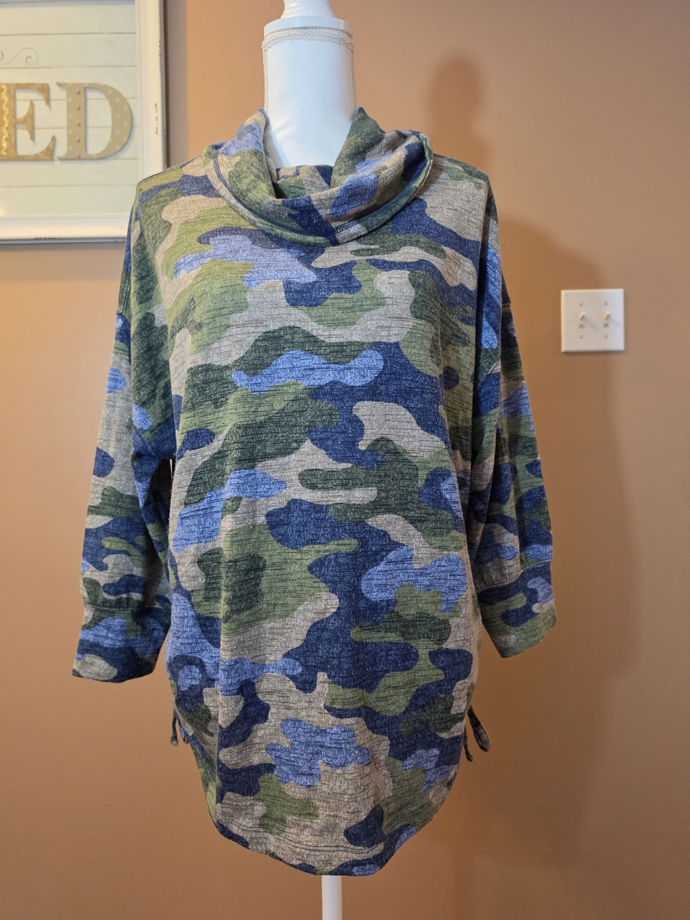 Camo Cowl Neck Sweater Tunic in Green & Blue